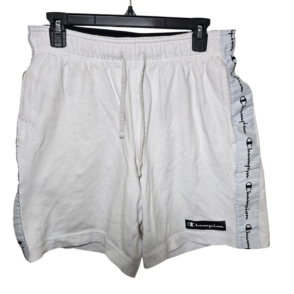 Vintage Mens Champion White Shorts Side Stripe Pockets Cotton Size Med Tie Waist